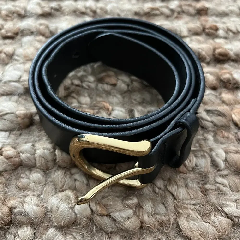 J.Crew Italian Leather Belt Black Gold Buckle Size S Made in USA Classic EUC